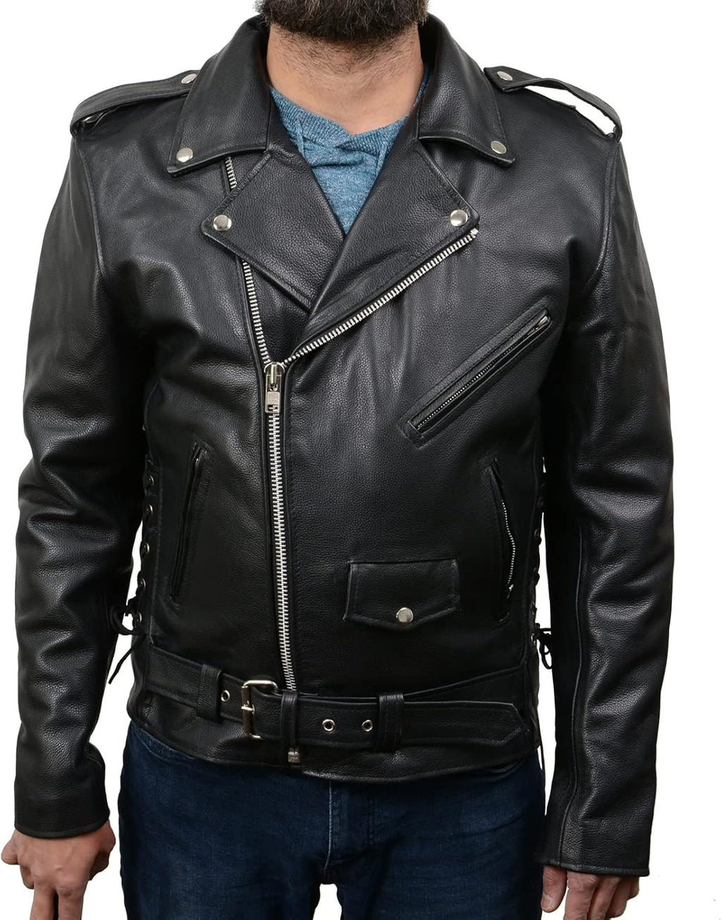 Jaqueta de Couro Masculina Legítimo Estilo Clássico Brando – Jaqueta Motociclista Premium Preta com Ajuste Lateral