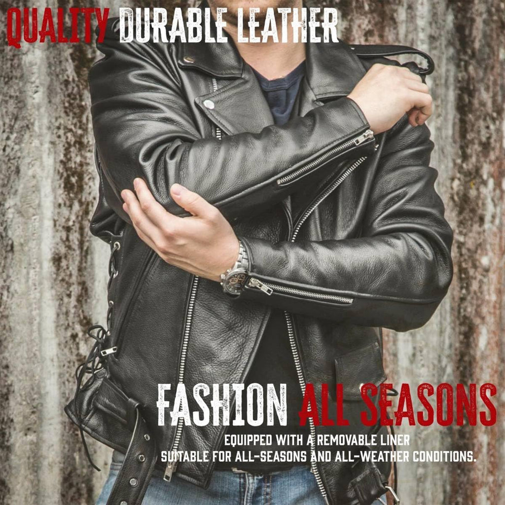 Jaqueta de Couro Masculina Legítimo Estilo Clássico Brando – Jaqueta Motociclista Premium Preta com Ajuste Lateral