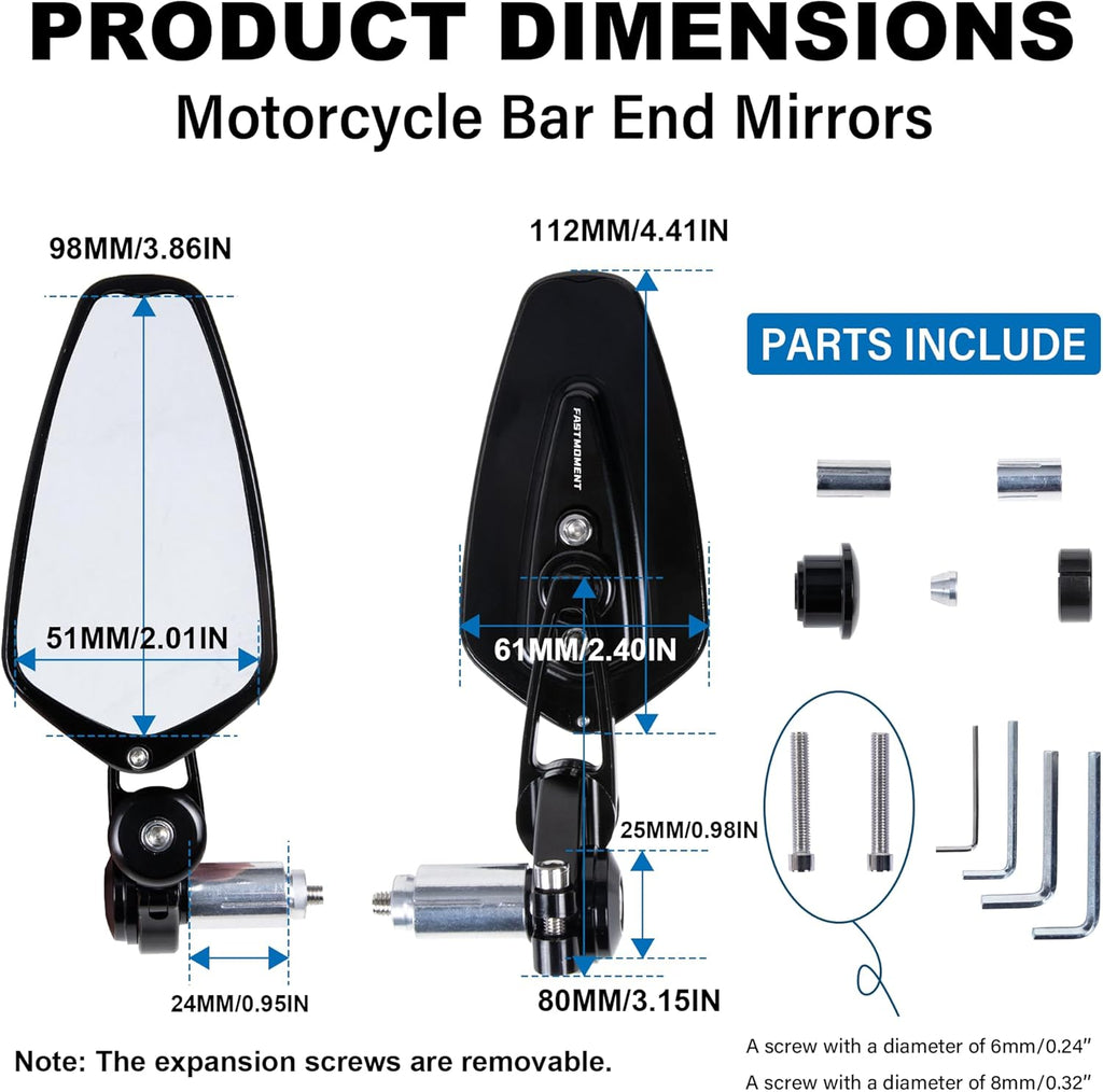 Motorcycle Mirrors for Handlebars - Standard 7/8" (22MM) Bar End Mirrors with CNC Cutting - Universal Compatibility for Most Street Bikes, Scooters, Cruisers