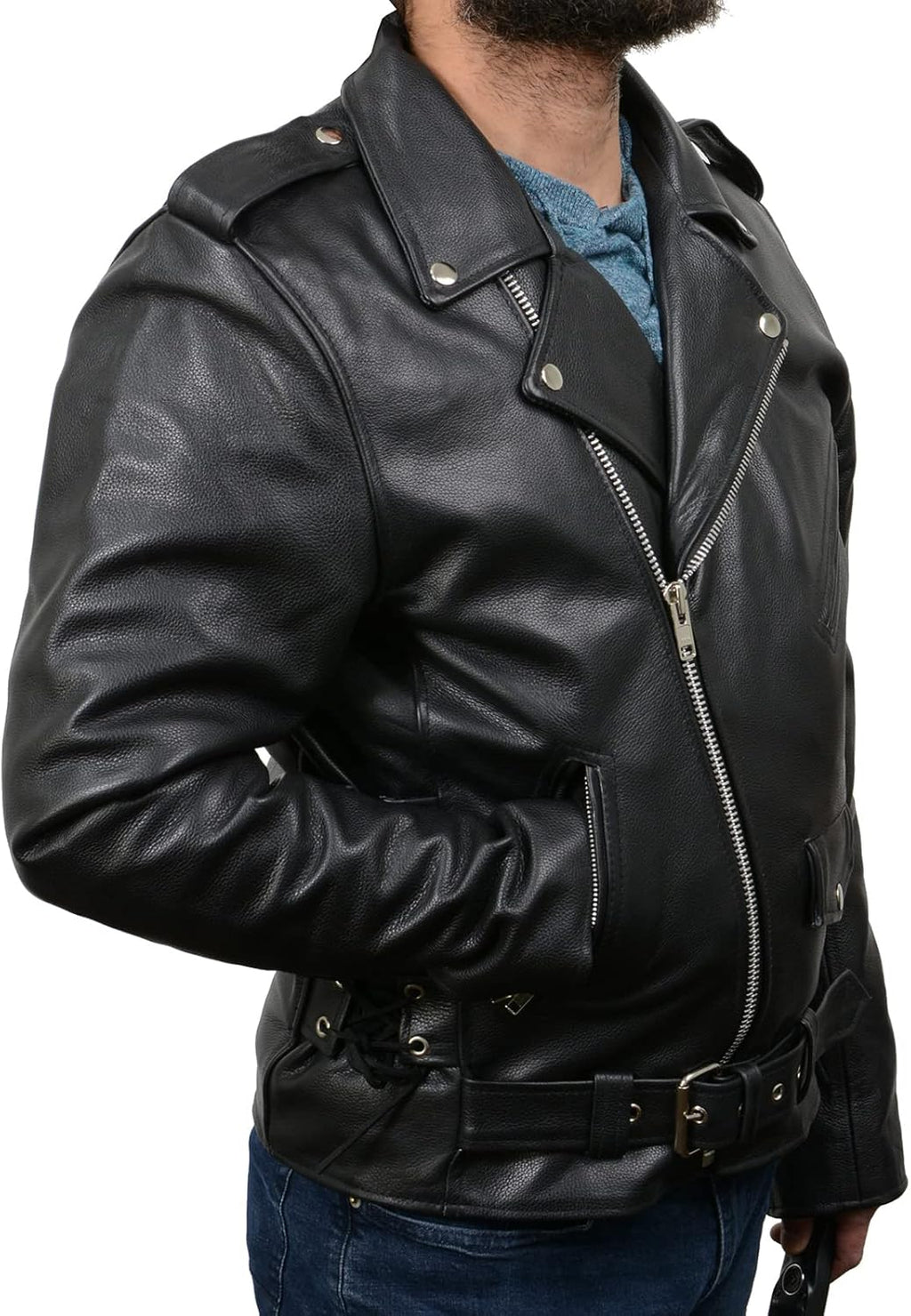 Jaqueta de Couro Masculina Legítimo Estilo Clássico Brando – Jaqueta Motociclista Premium Preta com Ajuste Lateral